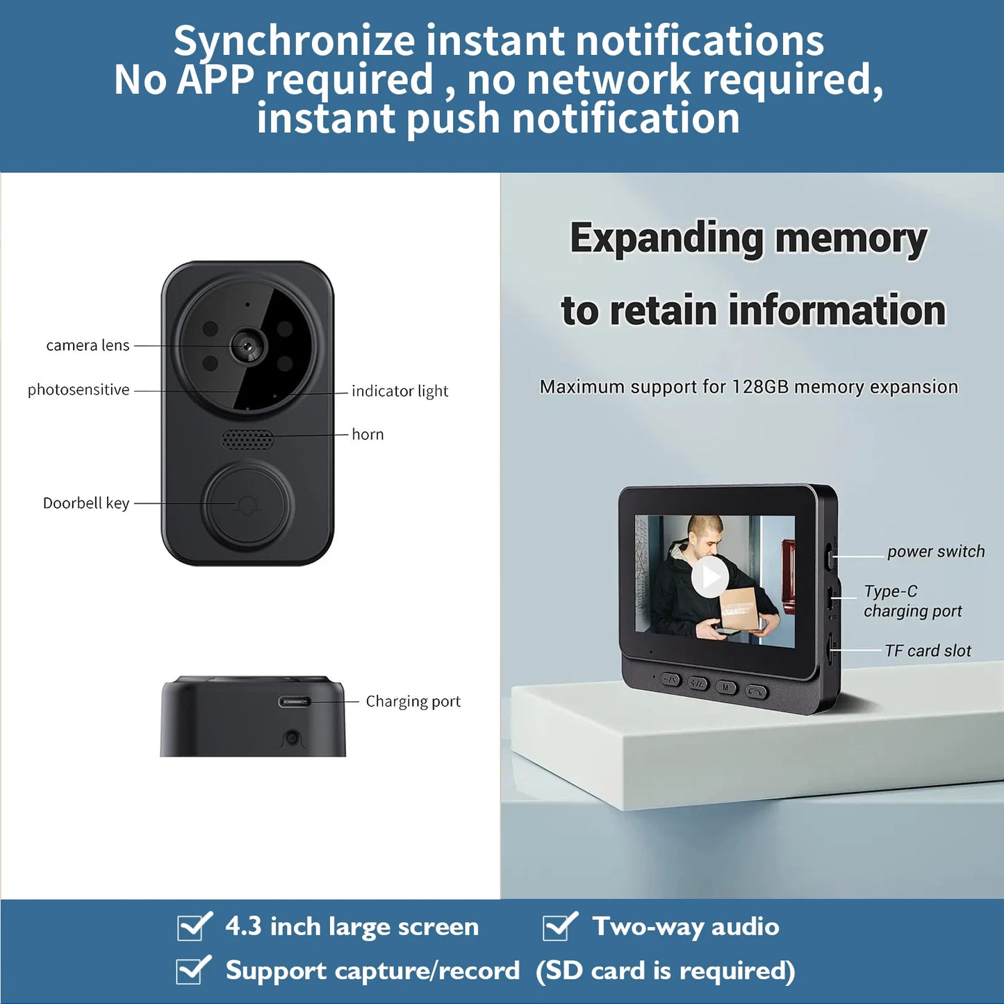 Wireless wireless smart video doorbell,Wireless intercom,Real-time notification,Two-way HD camera,Night vision monitor HD camera