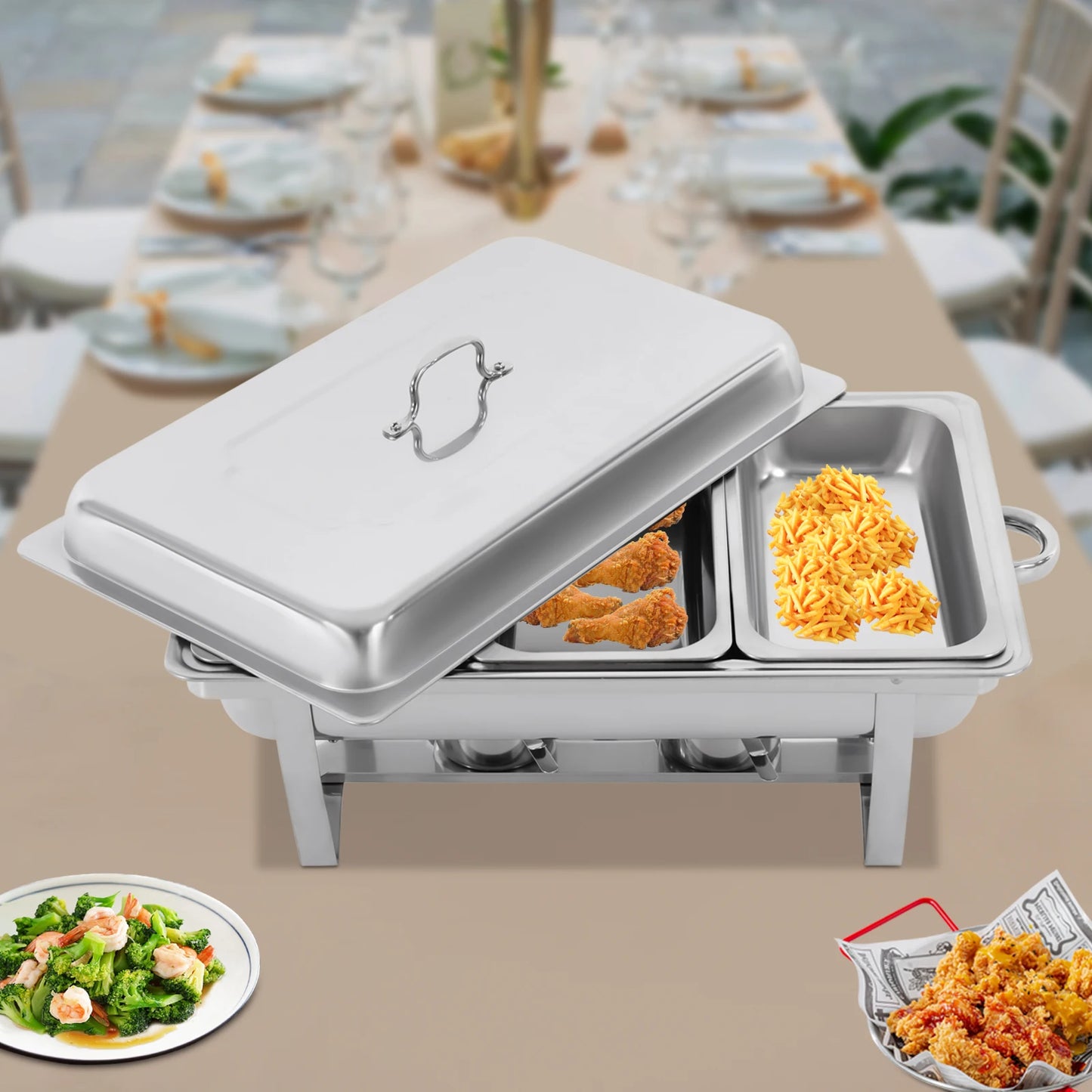 Self-Serve Three 0.66 Gal 410 Stainless Steel Chafing Dish Buffet Pan Set Frequent Warming Foldable House Hot Dish Pan