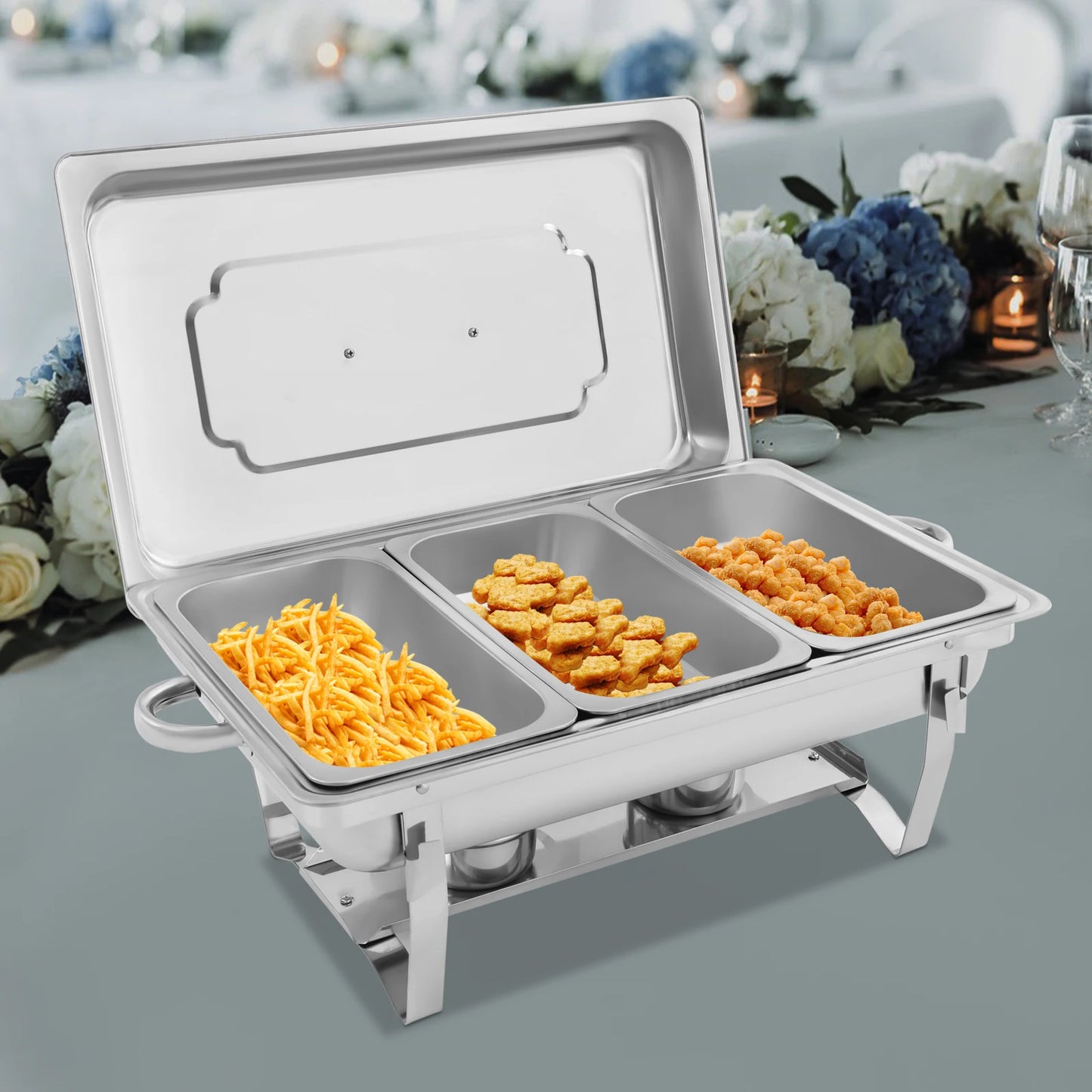 Self-Serve Three 0.66 Gal 410 Stainless Steel Chafing Dish Buffet Pan Set Frequent Warming Foldable House Hot Dish Pan