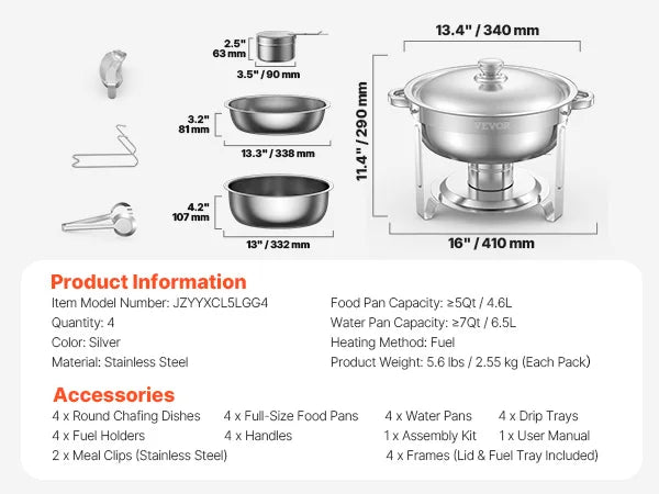 4 Pack Chafing Dish Buffet Set Stainless Steel Chafer with 4 Full Size Pan Round Catering Warmer Server for Party Banquets