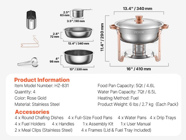 4 Pack Chafing Dish Buffet Set Stainless Steel Chafer with 4 Full Size Pan Round Catering Warmer Server for Party Banquets