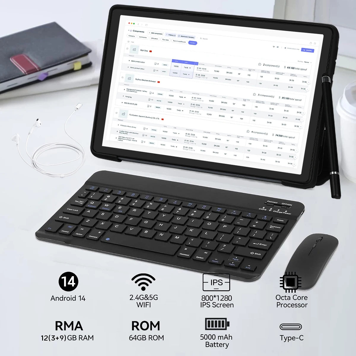 A10L 10 Inch Tablet Android 14 12GB RAM 64GB ROM 1TB Expand WiFi 6 Face Unlock HD IPS Screen Keyboard Mouse Stylus Headphones