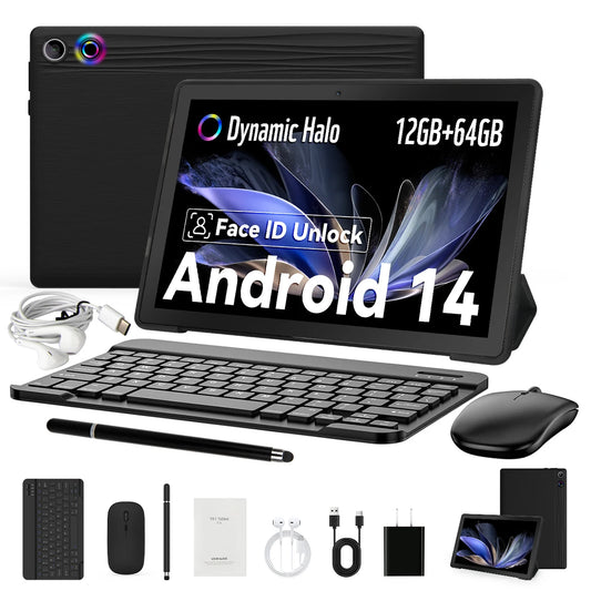 A10L 10 Inch Tablet Android 14 12GB RAM 64GB ROM 1TB Expand WiFi 6 Face Unlock HD IPS Screen Keyboard Mouse Stylus Headphones