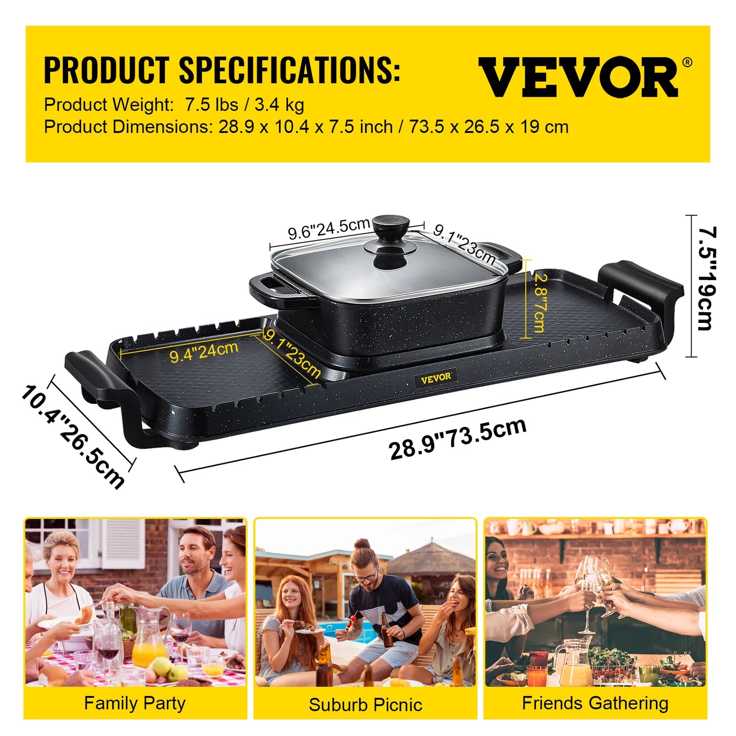 2in1 Electric BBQ Pan Grill Hot Pot Multifunction Home Portable Smokeless Nonstick Detachable Hot Pot Barbecue Plate