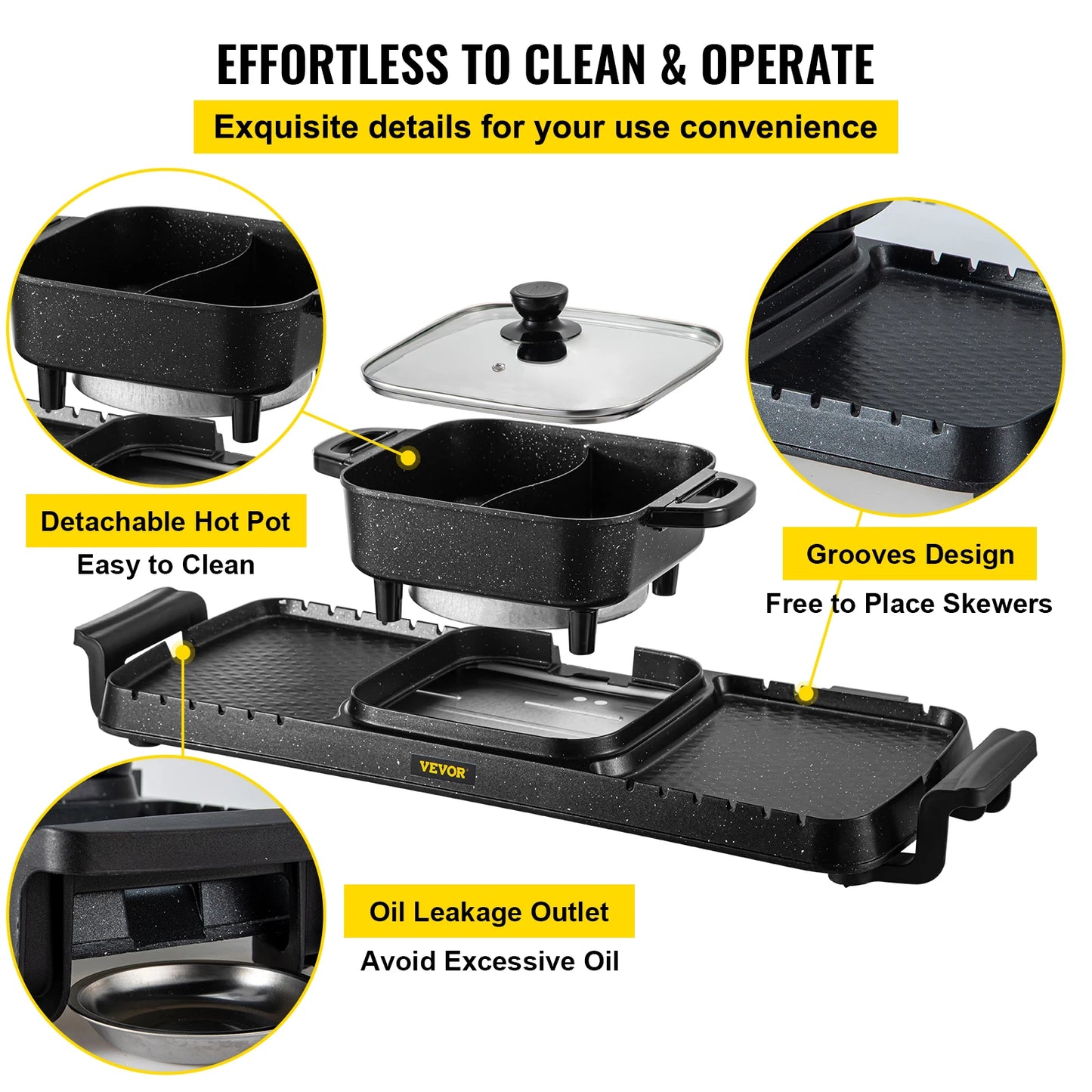 2in1 Electric BBQ Pan Grill Hot Pot Multifunction Home Portable Smokeless Nonstick Detachable Hot Pot Barbecue Plate