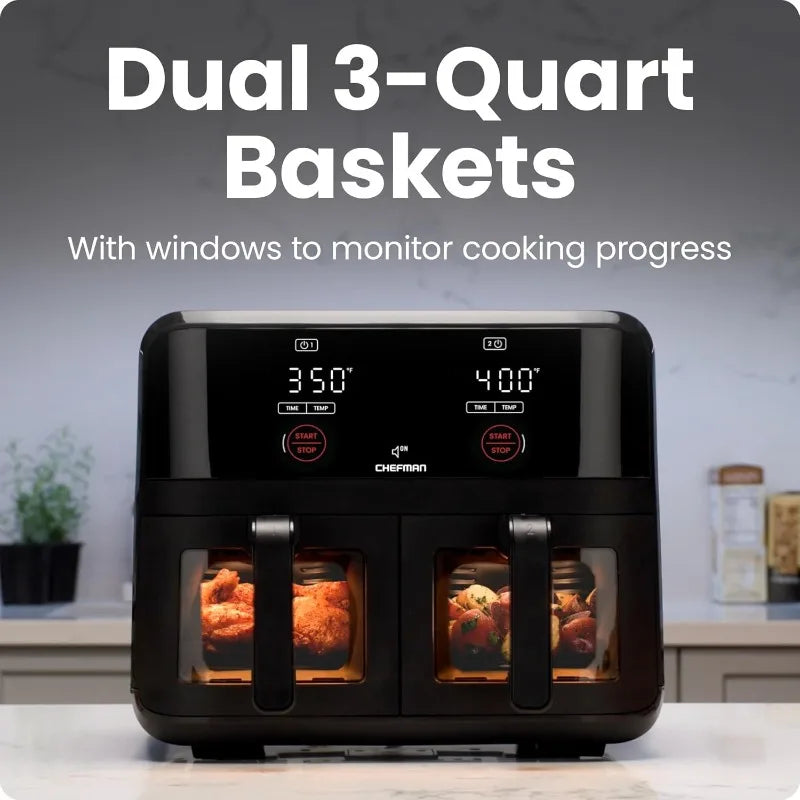 CHEFMAN 6 Quart Dual Basket Air Fryer Oven Easy View Windows, Sync Finish, Hi-Fry, Auto Shutoff,Digital Double Air Fryer - Black
