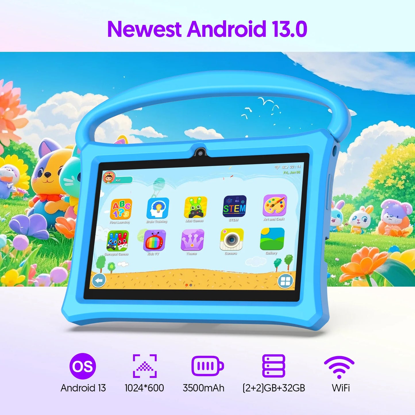 Android 13 tablet, 7-inch children's tablet, quad-core processor, 4GB (2G+2G-memory expansion) RAM+32GB ROM, with parental contr