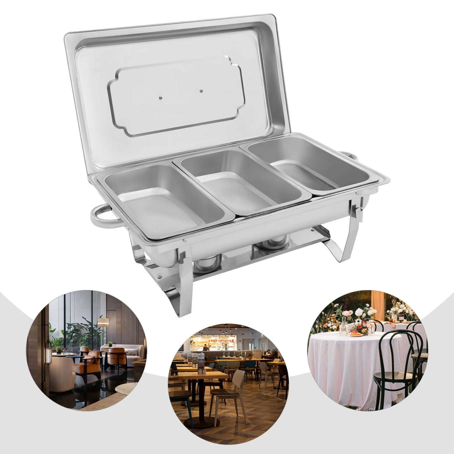 Self-Serve Three 0.66 Gal 410 Stainless Steel Chafing Dish Buffet Pan Set Frequent Warming Foldable House Hot Dish Pan