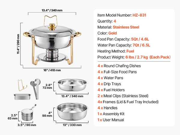 4 Pack Chafing Dish Buffet Set Stainless Steel Chafer with 4 Full Size Pan Round Catering Warmer Server for Party Banquets