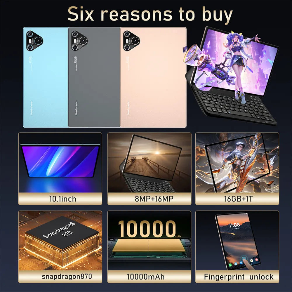 New 16 Pro Tablet 10inch Android 4K Dual SIM Snapdragon 870 Tablet PC GPS 10000mAh Global Version Tablets For Children Kids Tab