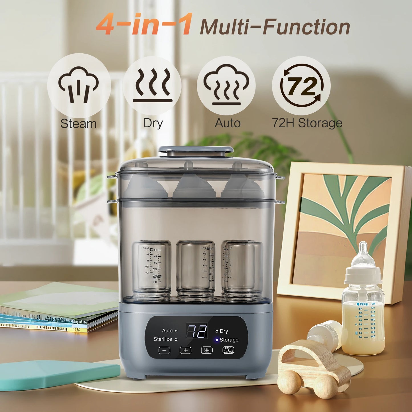4in1 Electric Baby Bottle Steamer and Dryer with LED Touch Screen Universal Fit for All Bottles Auto Shut-Off Fast Sterilization