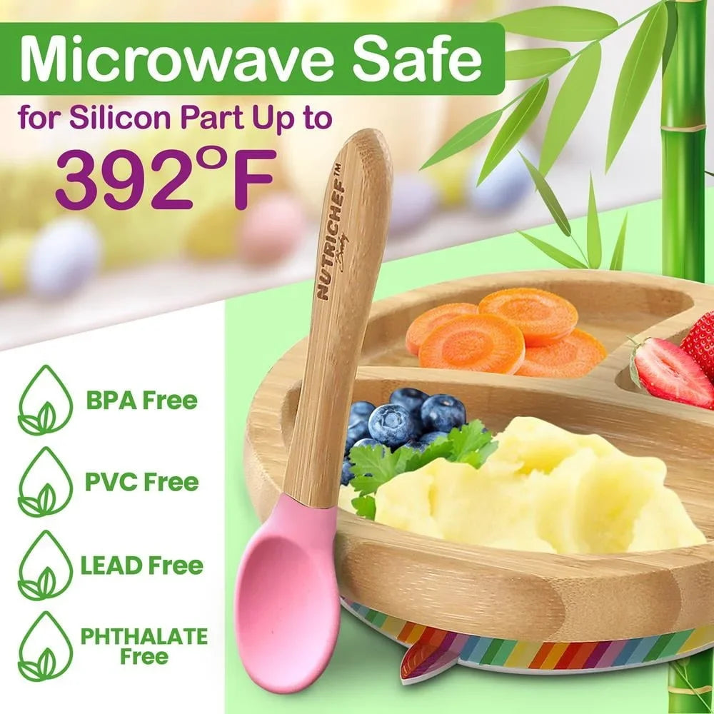 2Piece Baby Toddler Spoon Set Wooden Spoon Baby Led Weaning Soft Silicone Head BPA Free Eco Friendly Utensils Self Feeding 4-72
