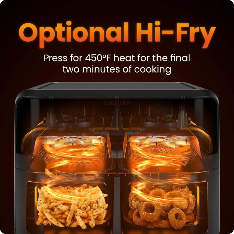 CHEFMAN 6 Quart Dual Basket Air Fryer Oven Easy View Windows, Sync Finish, Hi-Fry, Auto Shutoff,Digital Double Air Fryer - Black