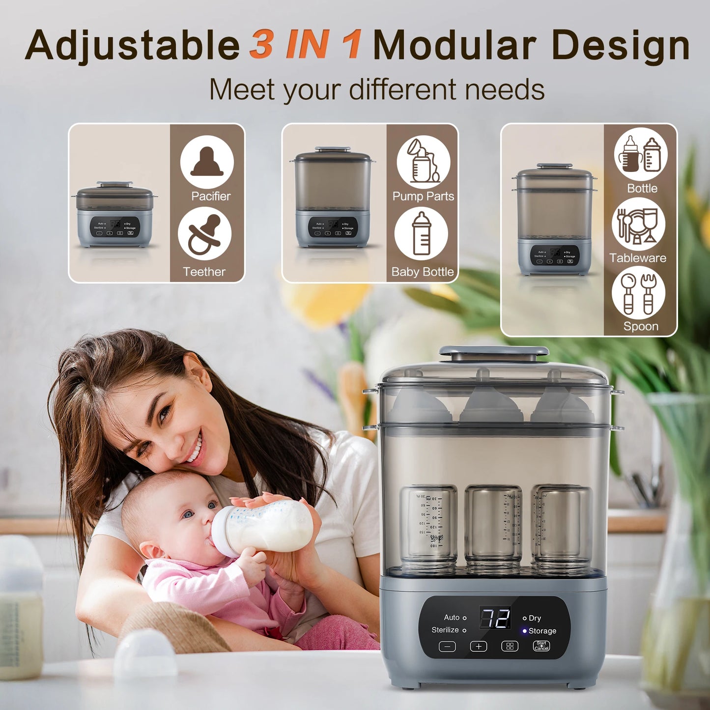 4in1 Electric Baby Bottle Steamer and Dryer with LED Touch Screen Universal Fit for All Bottles Auto Shut-Off Fast Sterilization