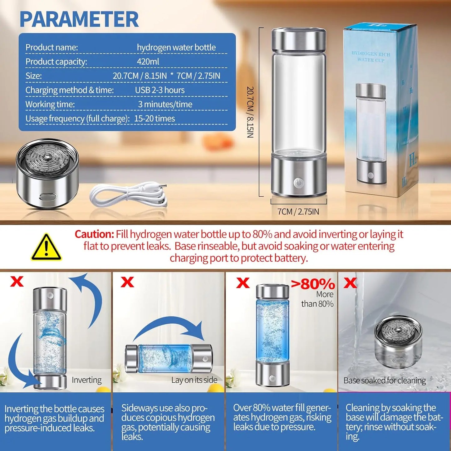 Hydrogen-Rich Water Cup Electric Water Generator Bottle Dual Chamber Filter Cups Antioxidant Water Bottle Titanium Quality Glass