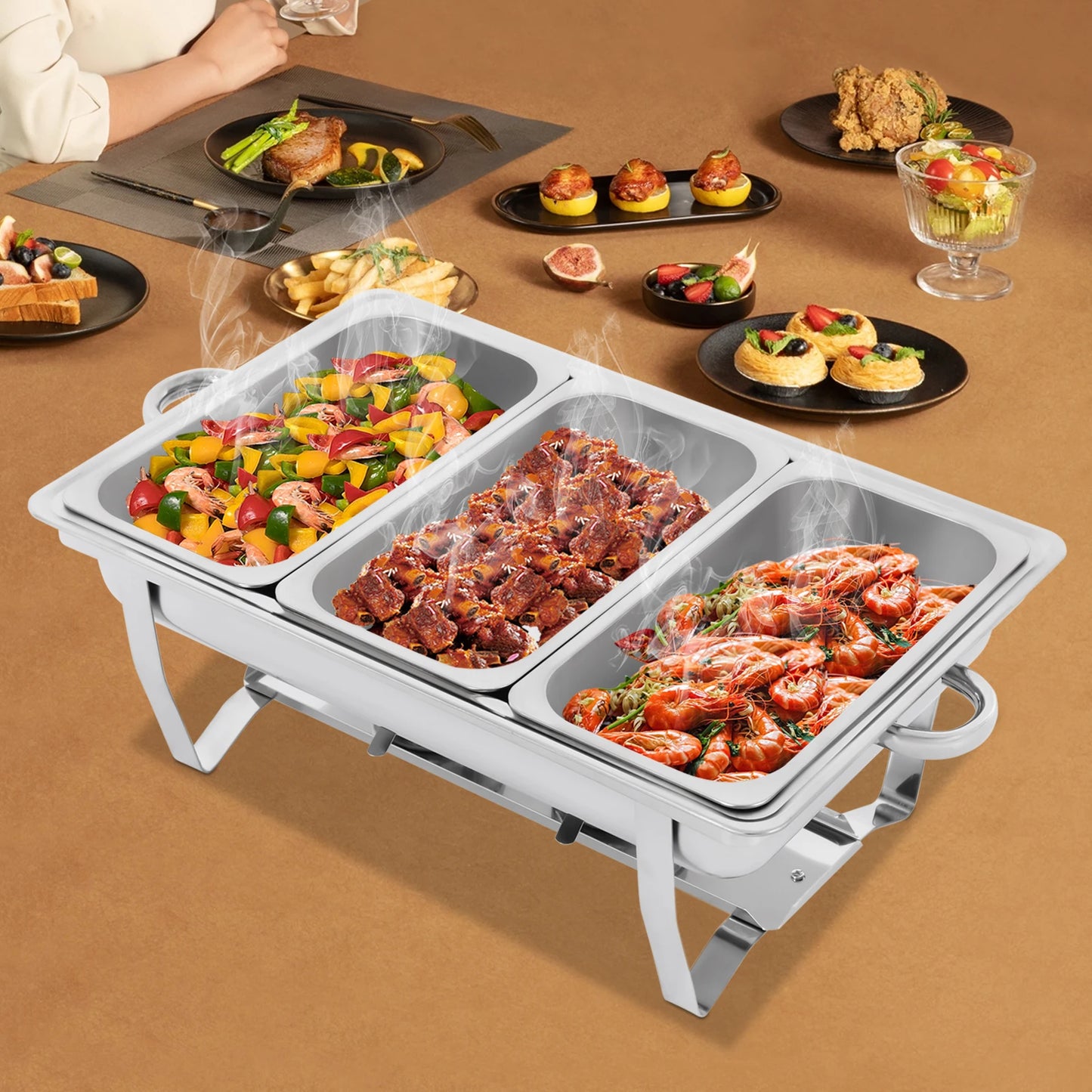 Self-Serve Three 0.66 Gal 410 Stainless Steel Chafing Dish Buffet Pan Set Frequent Warming Foldable House Hot Dish Pan