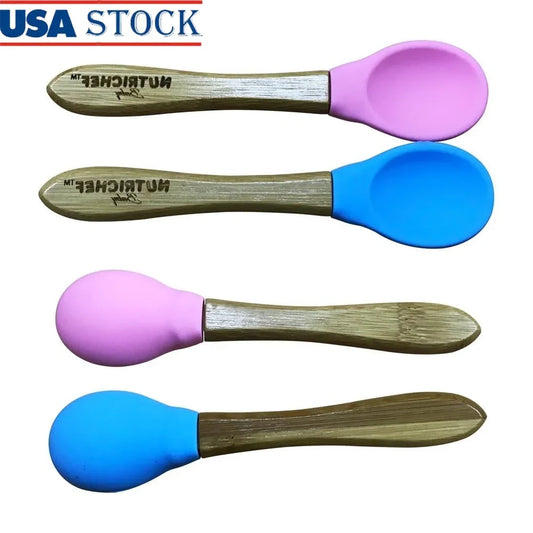 2Piece Baby Toddler Spoon Set Wooden Spoon Baby Led Weaning Soft Silicone Head BPA Free Eco Friendly Utensils Self Feeding 4-72