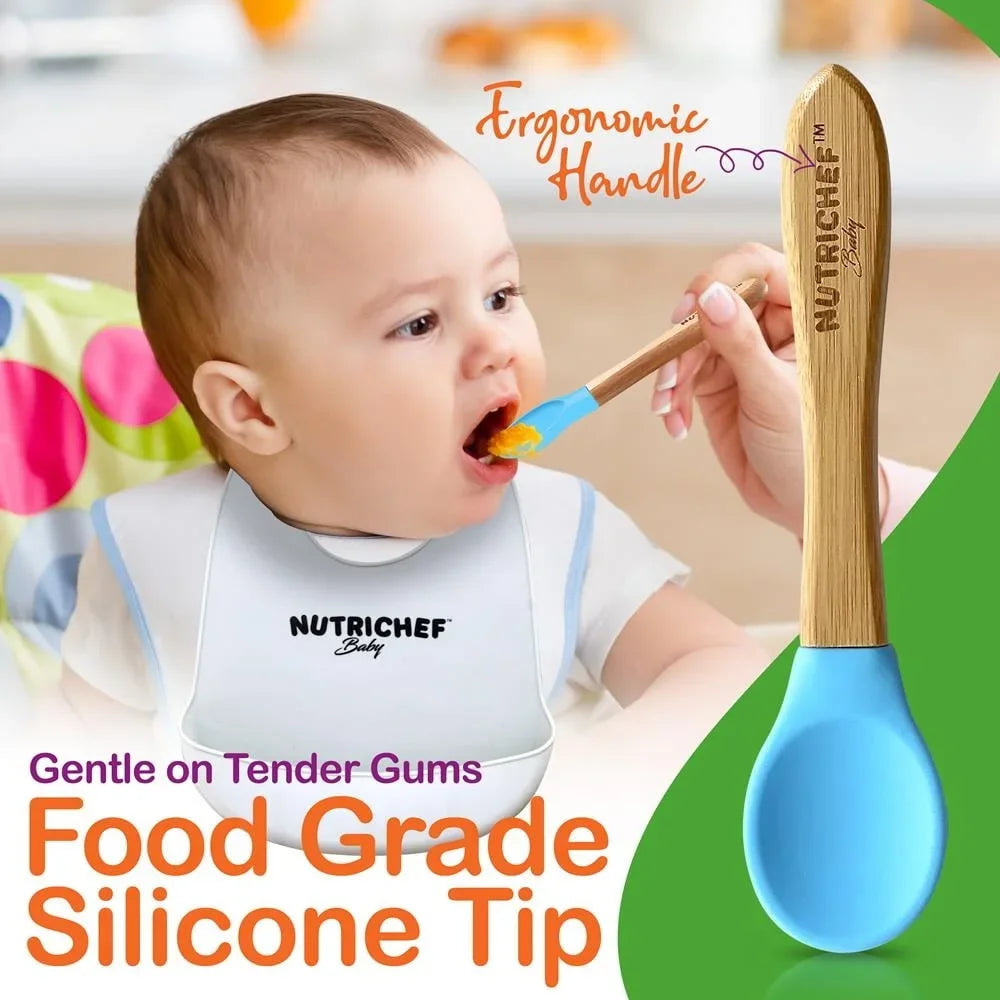 2Piece Baby Toddler Spoon Set Wooden Spoon Baby Led Weaning Soft Silicone Head BPA Free Eco Friendly Utensils Self Feeding 4-72