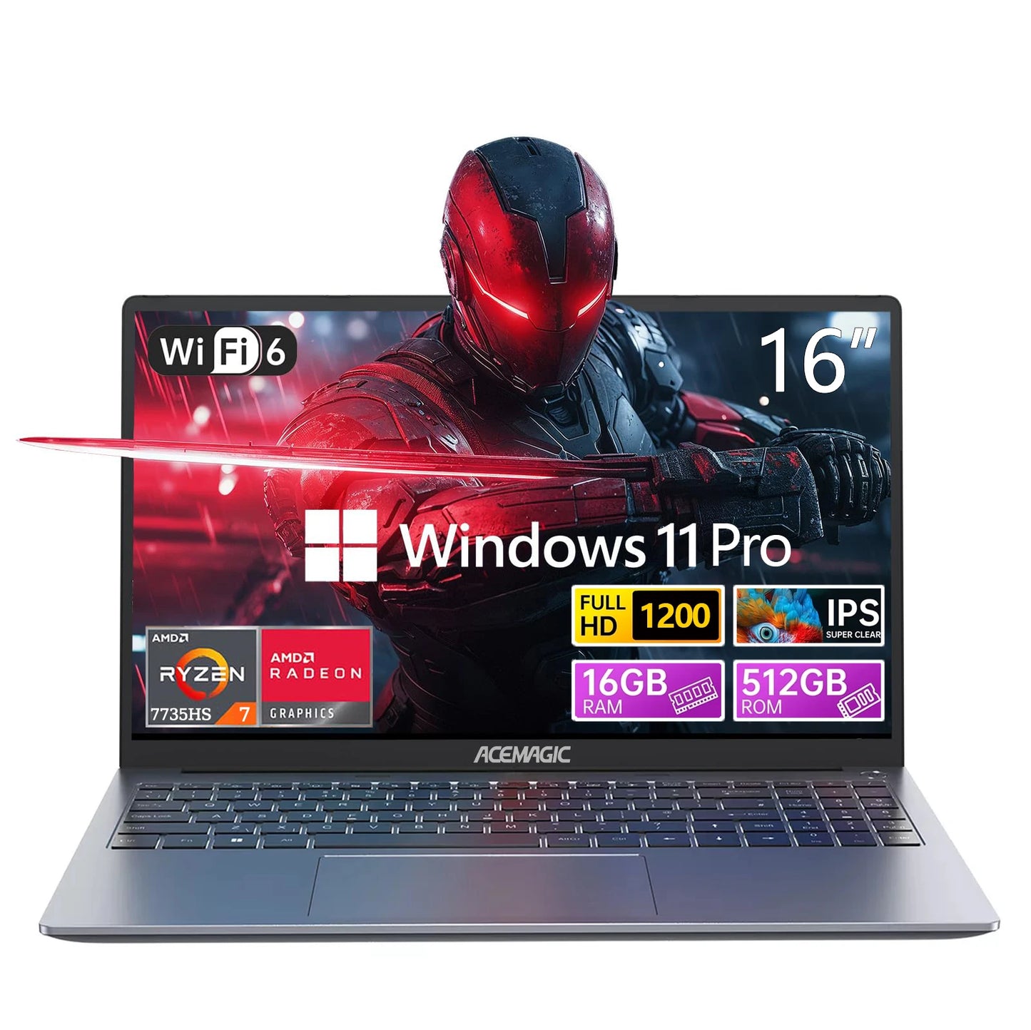 ACEMAGIC RX16 AMD Ryzen 7 7735HS 16" Ultra Slim 4400MAH Laptop 16GB LPDDR5 Ram 512GB Rom Windows 11Pro BT5.2 Wifi 6 Notebook